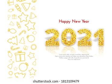 Golden numbers 2021 with reflection and shadow on white background. Holiday gift card Happy New Year with fir tree branches garland and bow. Celebration decor. Vector template illustration.