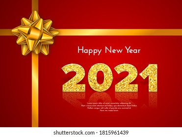 Números dorados 2021 con reflexión y sombra sobre fondo rojo. Tarjeta de regalo de vacaciones Feliz Año Nuevo con arco de oro. Decoración de celebraciones. Ilustración de plantilla de vector.