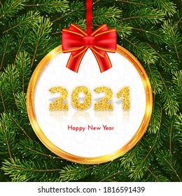Golden numbers 2021 with reflection and shadow. Holiday gift card Happy New Year with red bow, gold frame and fir tree branches wreath on background. Celebration decor. Vector template illustration.