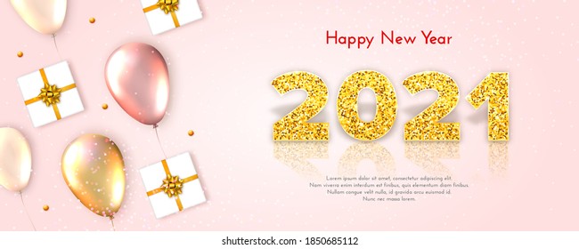 Números dorados 2021 con reflexión y sombra sobre fondo rosa claro. Tarjeta de vacaciones Feliz Año Nuevo con globos brillantes, regalos y arcos. Decoración de celebraciones. Ilustración de plantilla de vector.