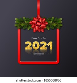 Golden numbers 2021 with reflection and shadow on black background. Holiday gift card Happy New Year with fir tree branches garland, red frame and bow. Celebration decor. Vector template illustration