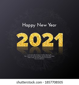Golden numbers 2021 with reflection and shadow on black background. Holiday gift card Happy New Year with fir tree branches. Celebration decor. Vector template illustration.