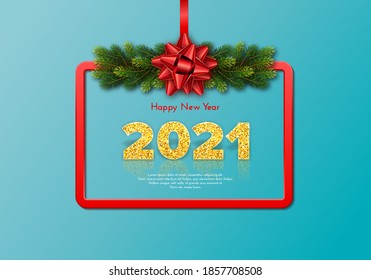 Goldene Zahlen 2021 mit Reflexion und Schatten auf blauem Hintergrund. Weihnachtsgeschenkkarte Frohes neues Jahr mit Tannenbaumzweigen Garland, rotem Rahmen und Bogen. Dekor zum Feiern. Vektorgrafik-Vorlagengrafik.