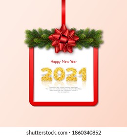 Goldene Zahlen 2021 mit Reflexion und Schatten auf beigem Hintergrund. Weihnachtsgeschenkkarte Frohes neues Jahr mit Tannenbaumzweigen Garland, rotem Rahmen und Bogen. Dekor zum Feiern. Vektorgrafik-Vorlagengrafik.