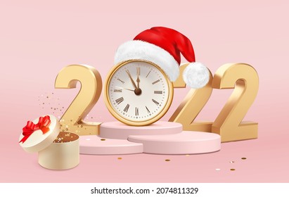 Golden Numbers 2022 on podium. Happy New Year 2022. Pink Xmas background with clock, Christmas red hat, gift, glitter golden confetti. Realistic vector illustration