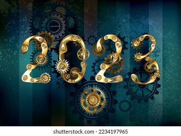 Números dorados 2023 con engranajes de latón, sobre fondo texturado, envejecido, turquesa, rayado. Año Nuevo. Estilo Steampunk.