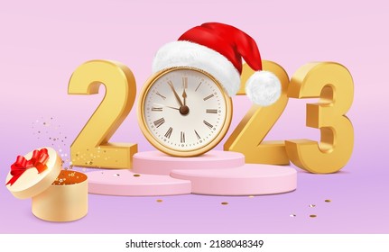 Golden Numbers 2023 on podium. Happy New Year 2023. Pink Xmas background with clock, Christmas red hat, gift, glitter golden confetti. Realistic vector illustration