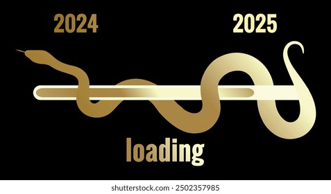 Golden numbers 2024 to 2025 loading bar with golden snake silhouette black luxury horizontal background. 2024 passing by and reaching 2025. Happy New Year 2025	