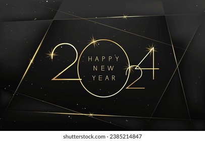 Golden numbers 2024 and the inscription Happy New Year on dark, abstract and polygonal background with tinsel.