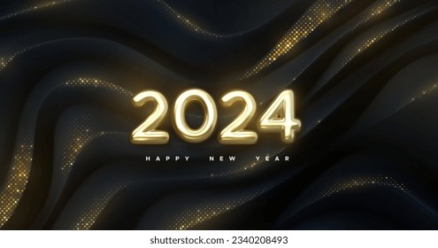 Golden numbers 2024 on black geometric background with glitters. Happy New 2024 Year. Vector holiday illustration. Festive event banner. Wavy topographic backdrop.