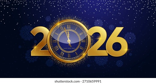 Números dorados 2026 y un reloj sobre un fondo azul con copos de nieve y nieve caída. Horizontal Anuncio festivo con un feliz año Nuevo. Ilustración vectorial.