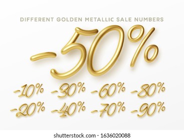 Golden numbers in 3d style. Numbers with liquid effect of a golden metallic gradient in volumetric style. Isolated numbers on a white background. Vector illustration EPS10