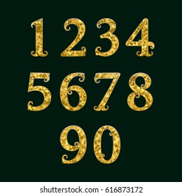 Golden numbers encrusted small glittering fragments. Vector symbols.
