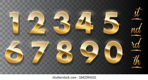 Golden numbers with endings made of ribbons isolated on transparent background. Vector design elements