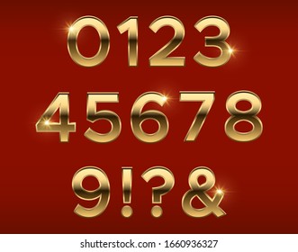 Golden numbers. Gold 3d figures, stylish celebrating font. Anniversary metal elements vector set