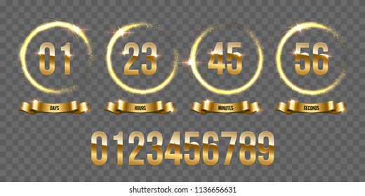 Golden numbers inside fire rings and golden ribbons on transparent background. Vector luxury counter.