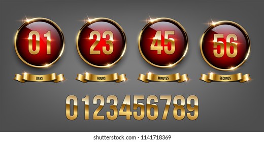 Golden numbers inside red circles with golden rings and golden ribbons on gray background. Vector luxury counter.