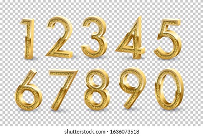 Golden numbers isolated on transparent background. Vector design elements