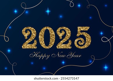 Golden numbers of the new year.Vector illustration with New Year text and numbers on blue background with stars.