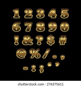 Números dorados y signos de puntuación addon para el alfabeto dorado, vector