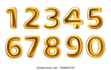 Golden numbers. Realistic metal plump numerals from zero to nine, glossy metallic luxury party decor, 3d roundish shapes for greeting cards designs, balloons signs. Vector isolated set