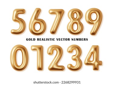 Golden numbers set 3d realistic. Metal golden font number 1,2,3,4,5,6,7,8,9,0. Decoration for banner, cover, birthday or anniversary party invitation design