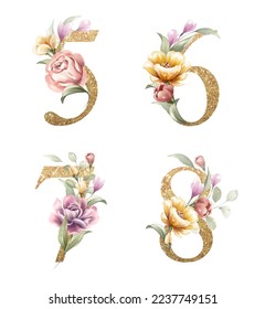 Golden numbers set of 5, 6, 7, 8, with flowers and leaves watercolor for logo, wedding invitation, card, branding, initial, other concept ideas. 