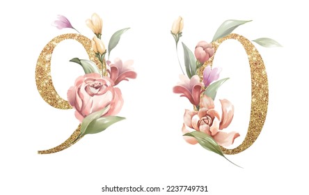 Números dorados de 9, 0, con flores y hojas acuarela para el logo, invitación de boda, tarjeta, marca, inicial, otras ideas de concepto. 