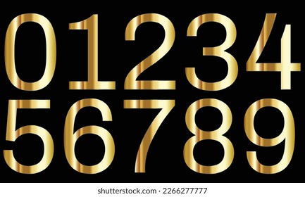 Golden numbers set. Golden font number 0,1,2,3,4,5,6,7,8,9, isolated on black background.