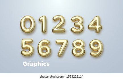 Golden numbers set. Vector 3d illustration. Realistic shiny characters. Isolated digits. Decoration elements for banner, cover, birthday or anniversary party invitation design