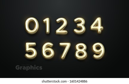 Golden numbers set. Vector 3d illustration. Realistic shiny characters. Isolated digits. Decoration for banner, cover, birthday or anniversary party invitation design. Suitable for dark backdrops