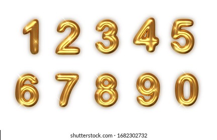 Golden numbers set. Vector realistic 3d illustration. golden font number 1,2,3,4,5,6,7,8,9,0. Decoration for banner, cover, birthday or anniversary party invitation design