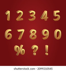Golden numbers and symbols 3D illustrations set.  From zero to nine, percent symbols. Shopping sale, discount offer decorative design elements. Vector on red background.
