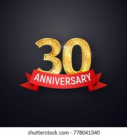 Golden numbers thirtieth anniversary with red ribbon on dark background. Ten years isolated template of celebration vector illustration