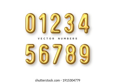 Golden numbers vector set. 3d realistic metal characters. Decorative elements for banner, cover, birthday or anniversary party.