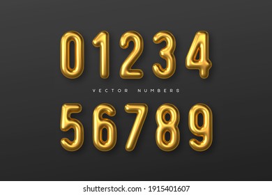 Golden numbers vector set. 3d realistic metal characters. Decorative elements for banner, cover, birthday or anniversary party.