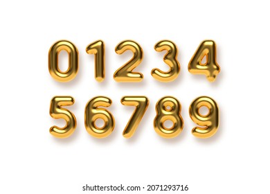 Golden numbers vector set. 3d realistic metal characters. Decorative elements for banner, cover, birthday or anniversary party.