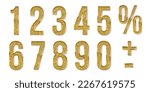 Golden numbers from zero to nine set on white background. Gold zero,one, two, three, four, five, six, seven, eight, nine, plus, minus and percent signs vector design for date or anniversary.