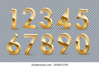 Golden numbers from zero to nine set on transparent background. Gold one, two, three, four, five, six, seven, eight, nine vector illustration. Colorful numerical signs design for date or anniversary.