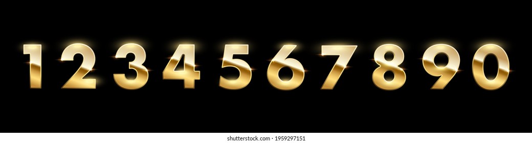 Golden numbers from zero to nine set on black background. Gold one, two, three, four, five, six, seven, eight, nine vector illustration. Colorful numerical signs design for date or anniversary.