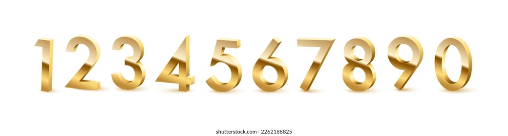 Golden numbers from zero to nine set on white background. Gold one, two, three, four, five, six, seven, eight, nine vector illustration. Colorful numerical signs design for date or anniversary.