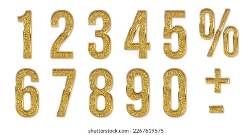 Golden numbers from zero to nine set on white background. Gold zero,one, two, three, four, five, six, seven, eight, nine, plus, minus and percent signs vector design for date or anniversary.