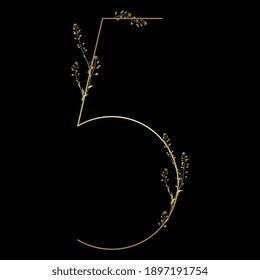 Golden numeral five with branches of shepherd's purse flower. Number 5 symbol. Floral font.