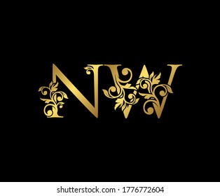 Golden NW, N and W Luxury Logo Icon, Vintage Gold  Initials Mark Design. Elegant luxury gold color on black background