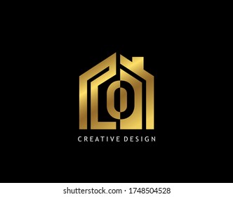 Golden O Letter Logo. Minimalist gold house shape with negative O letter, Real Estate Building Icon Design.