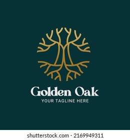 Golden oak elegant tree line logo design