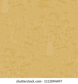 Golden oak tree and birds background. Hand drawn seamless pattern in vector format.
