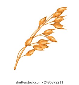 Golden oat branch, cartoon plant with seeds on stem. Ripe organic grains for oatmeal, granola and breakfast flakes making, natural agricultural crop mascot, cartoon oat sprig vector illustration