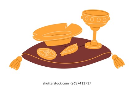golden objects are Grail chalice, golden dishes and coin on pillow, like museum exhibit. Archaeological find. Flat color illustration. scientific projects, encyclopedias, museum exhibitions, history