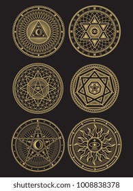 Golden occult, mystic, spiritual, esoteric vector symbols on black background. Vector illustration